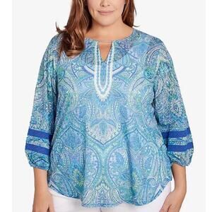Ruby Rd Womens Plus Size Peasant Blouse Top Paisley 2X Blue Green Lace Coastal